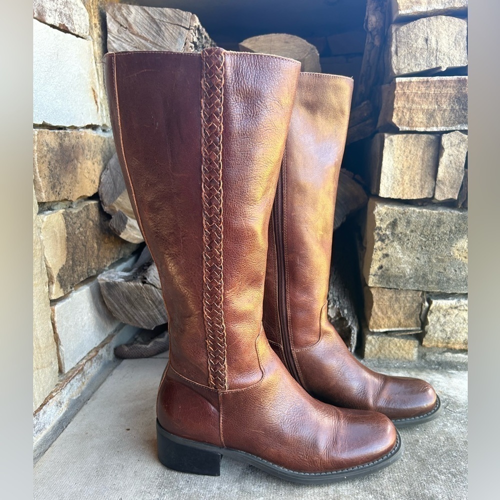Nicole Vintage brown leather tall riding western boots braided detail Sz-6.5M  E - Picture 7 of 13